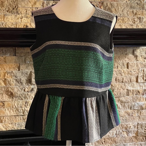 Corey Lynn Calter Anthropologie Green Black Striped Peplum Tank Top Women Sz. S - Picture 1 of 7